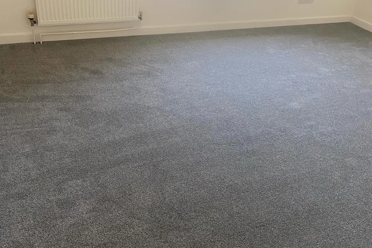 Dark grey carpet fitted throughout a bright empty room