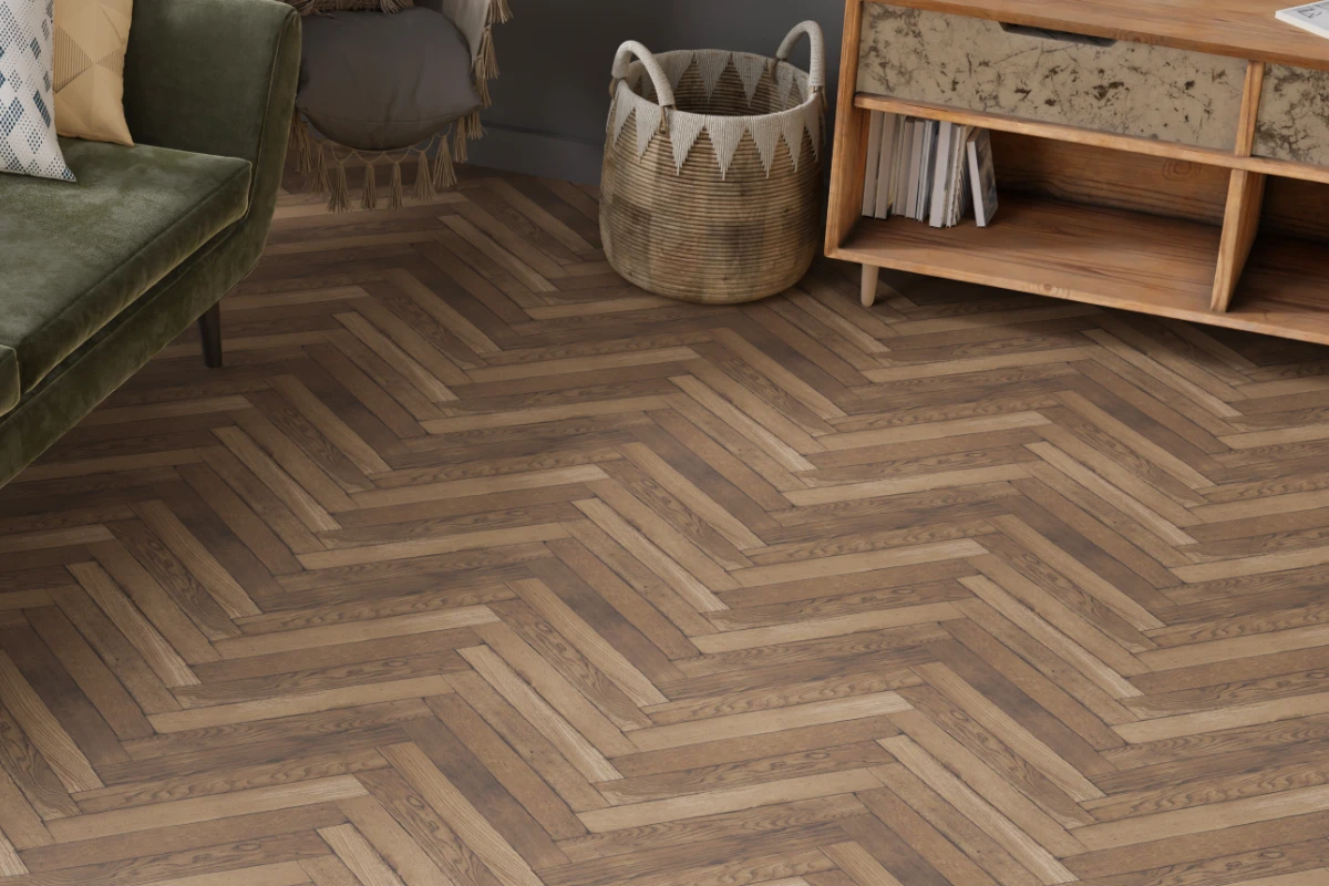Herringbone wood-effect flooring in a stylish living room